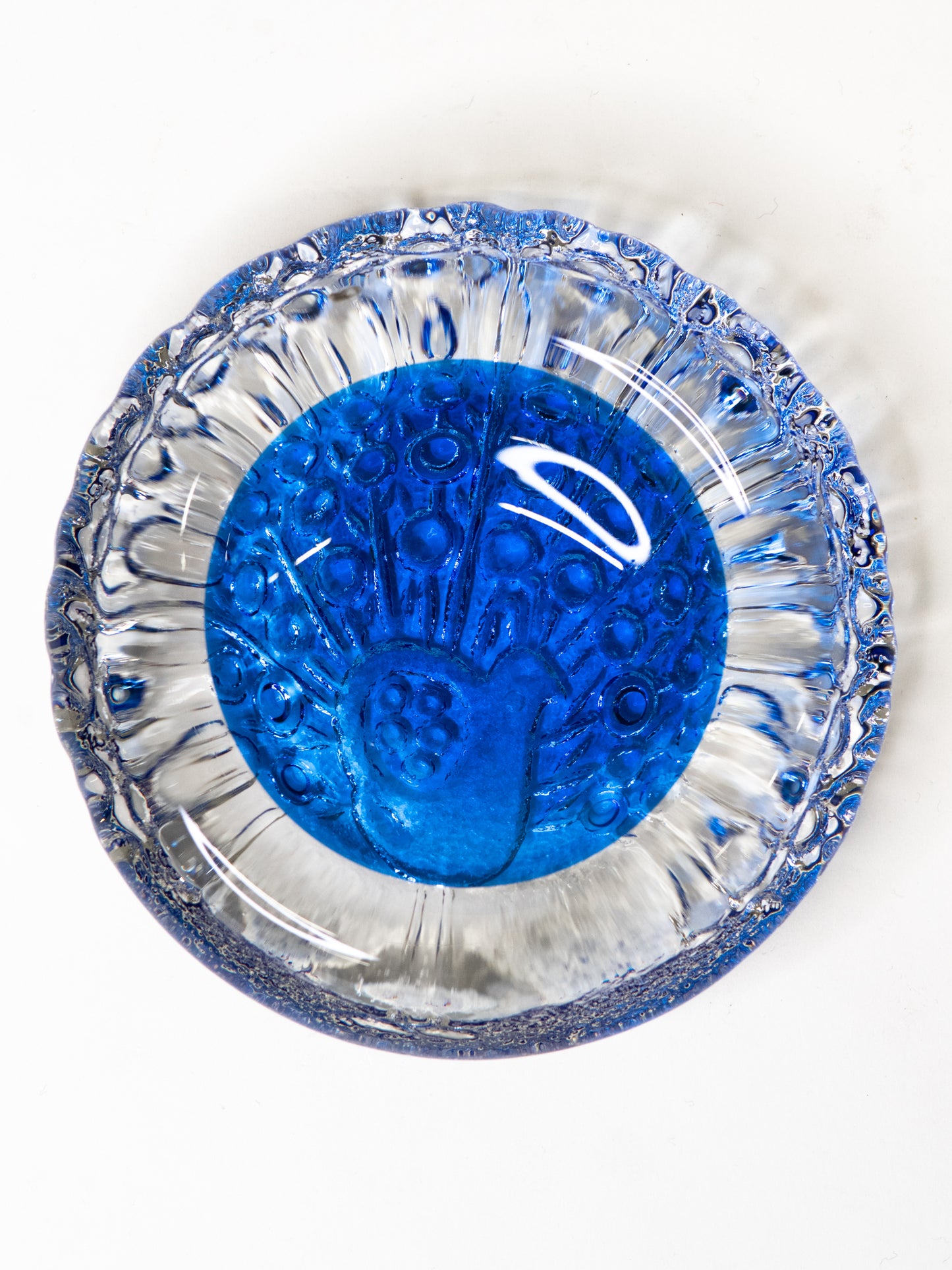 Blue Glass Peacock Dish by Muurla - Finland, 1970's