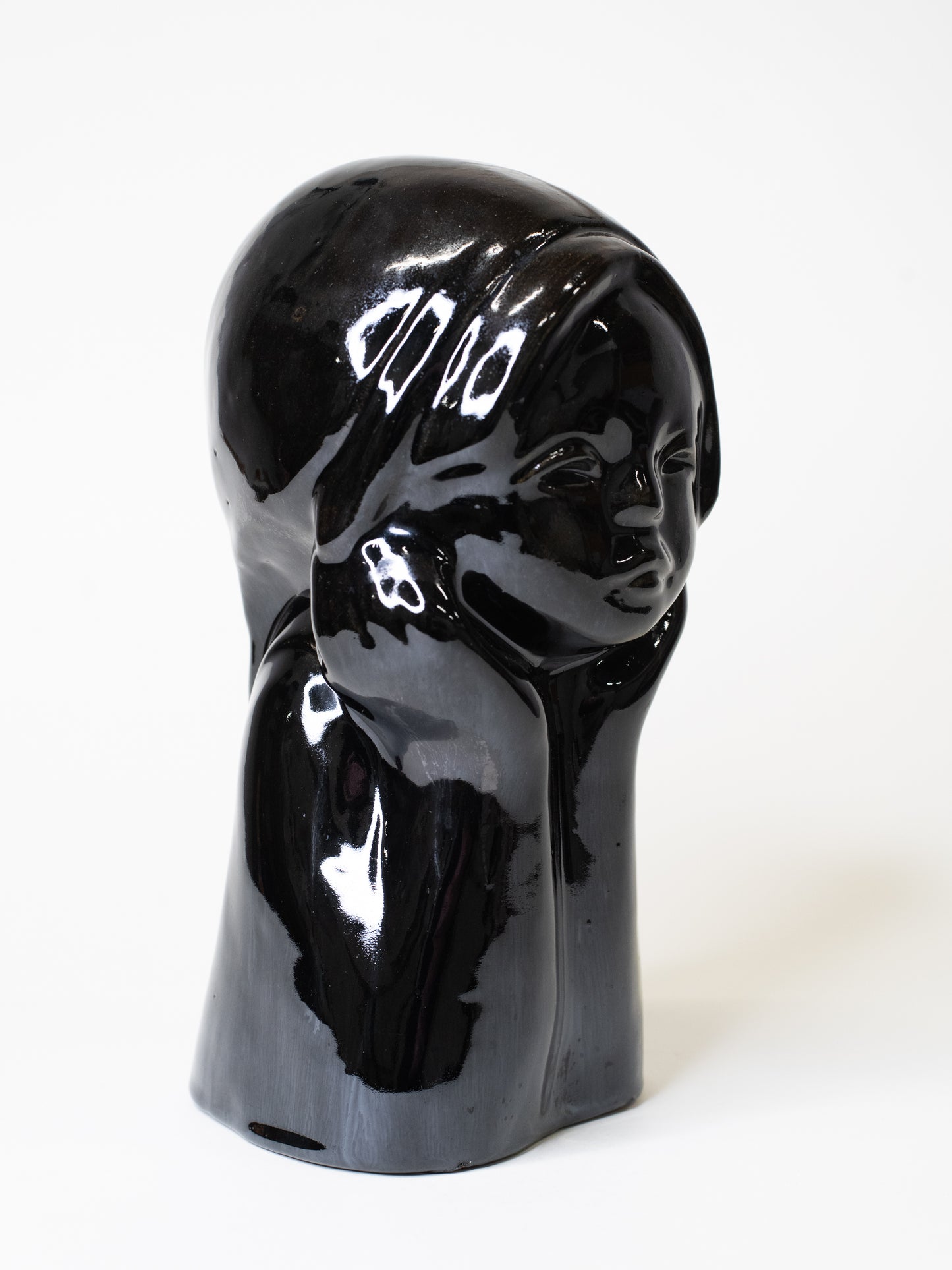 Glossy Black Ceramic Head Sculpture by TEKT
