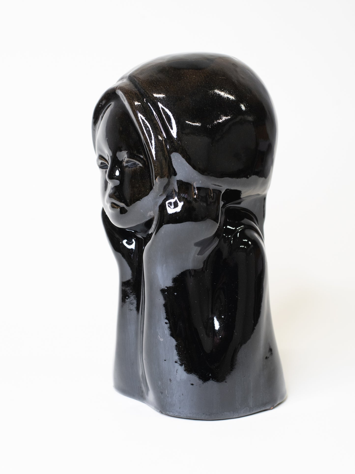 Glossy Black Ceramic Head Sculpture by TEKT