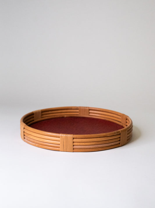 Vintage Round Rattan Tray with Red Base – Nordic, Mid-Century