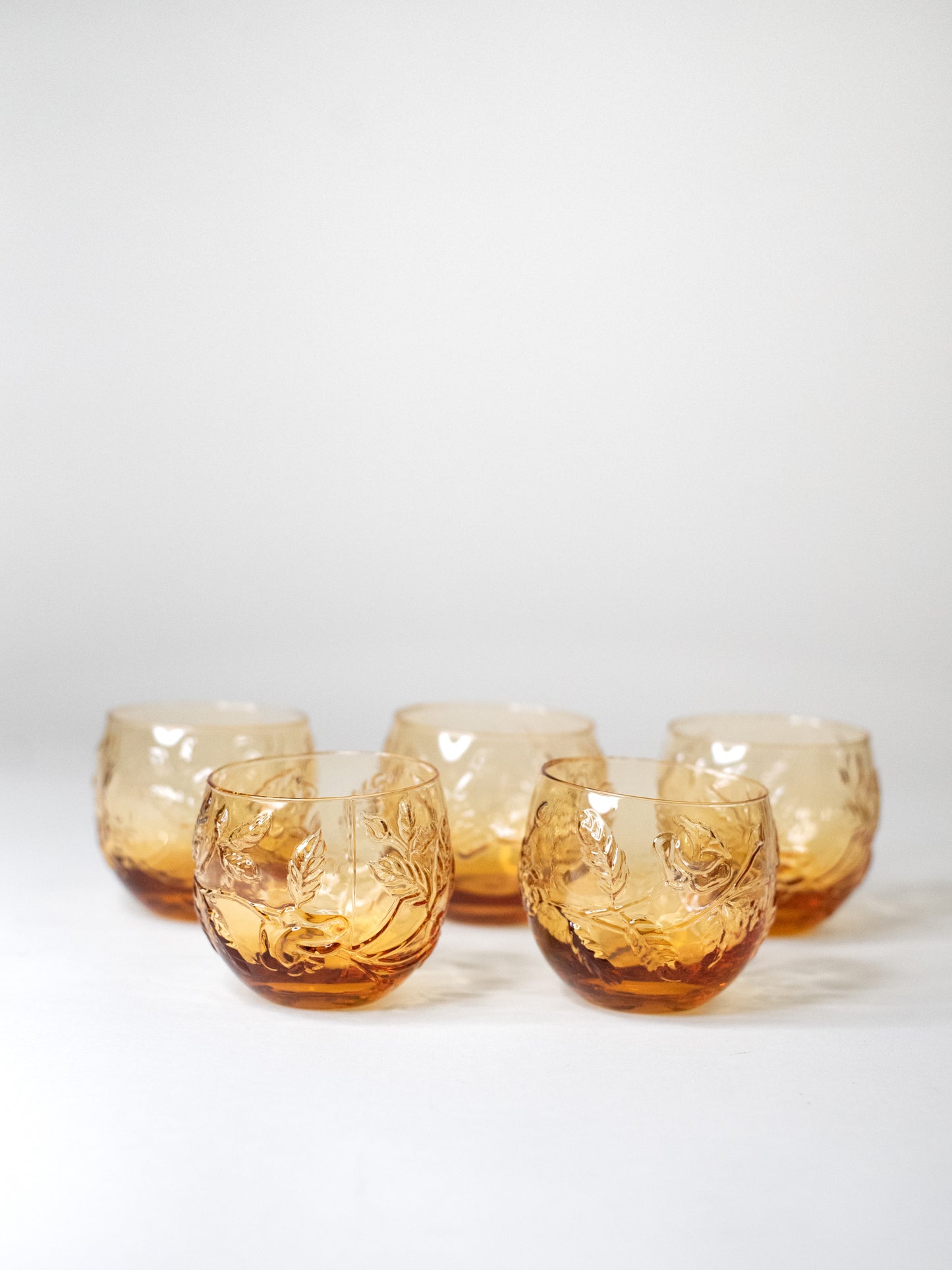 Vintage Amber Glass Tumblers with Floral Relief, 1960s–70s - Set of 5