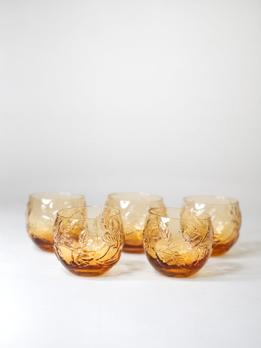 Vintage Amber Glass Tumblers with Floral Relief, 1960s–70s - Set of 5