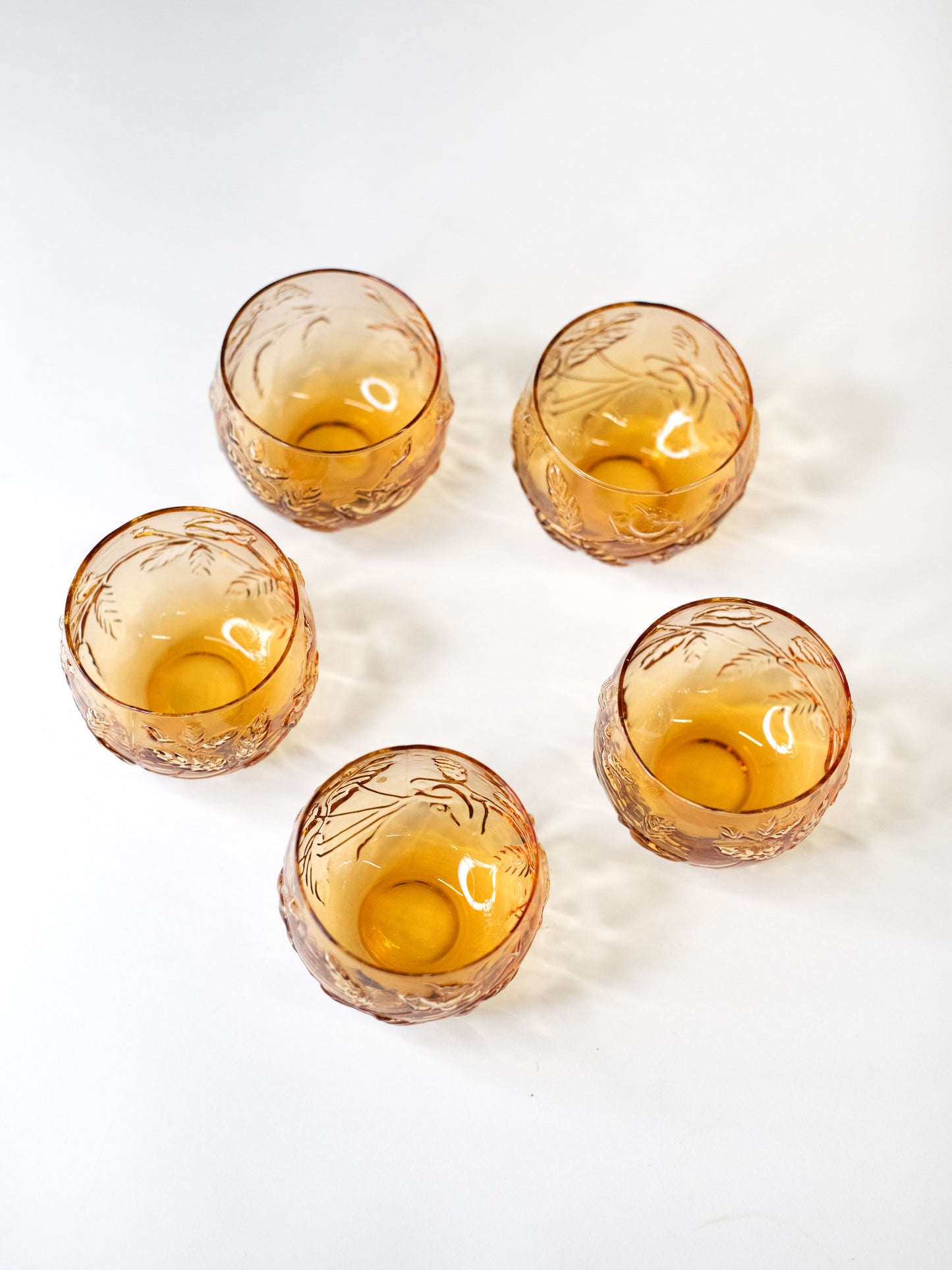 Vintage Amber Glass Tumblers with Floral Relief, 1960s–70s - Set of 5