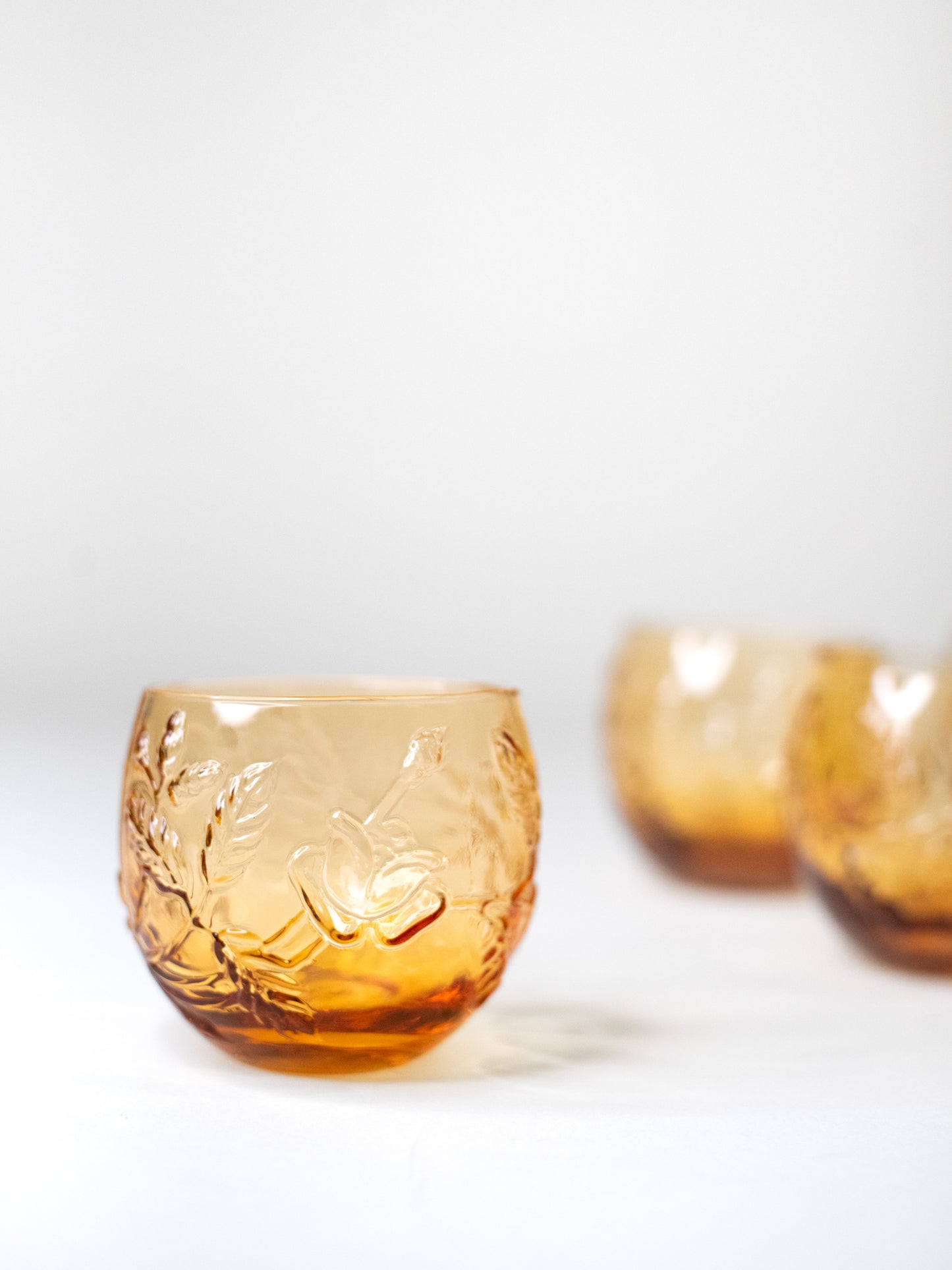 Vintage Amber Glass Tumblers with Floral Relief, 1960s–70s - Set of 5