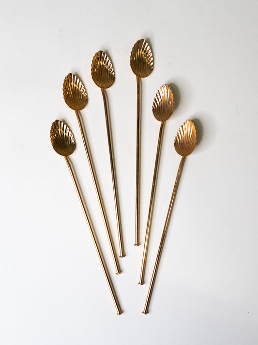 Vintage Italian Gold-Plated Shell-Shaped Cocktail Spoons – Set of 6