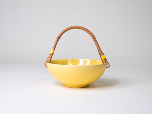 Vintage Modernist Ceramic Bowl with Rattan Handle - Kupittaan savi, Finland - Mid-Century