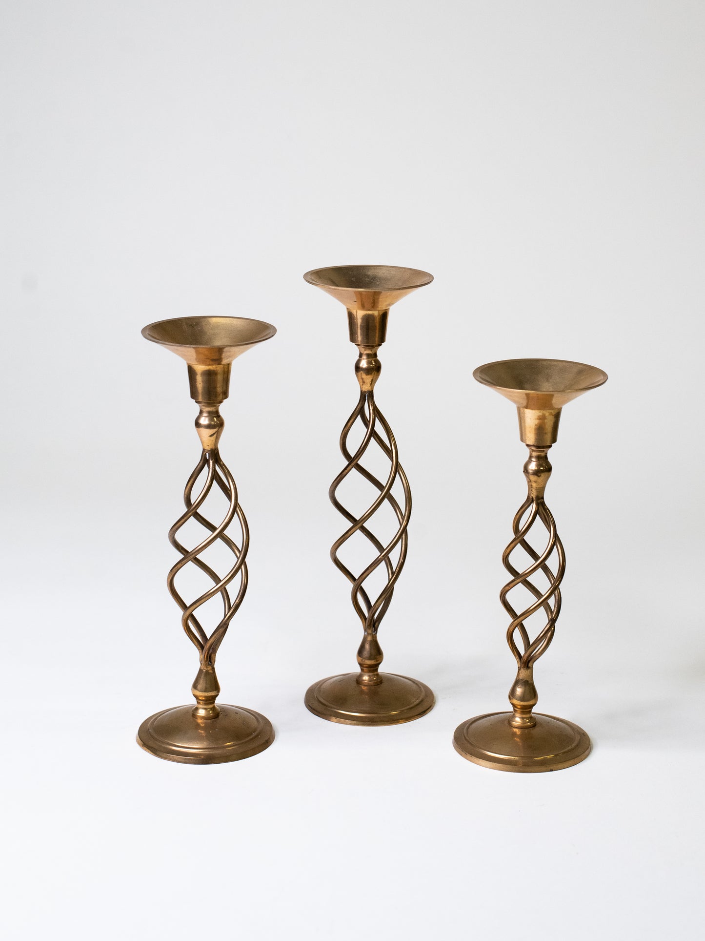Handmade Mid-Century Brass Spiral Candleholders - Set of Three
