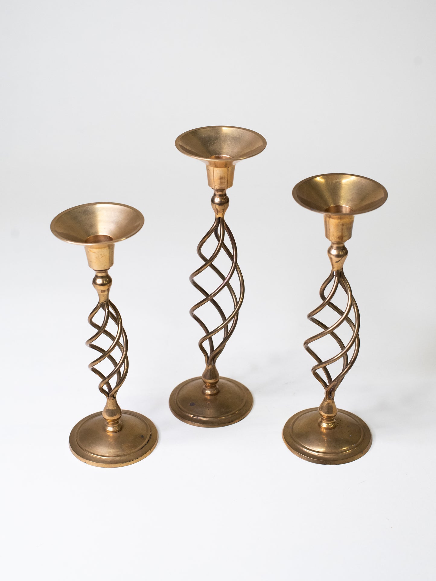 Handmade Mid-Century Brass Spiral Candleholders - Set of Three