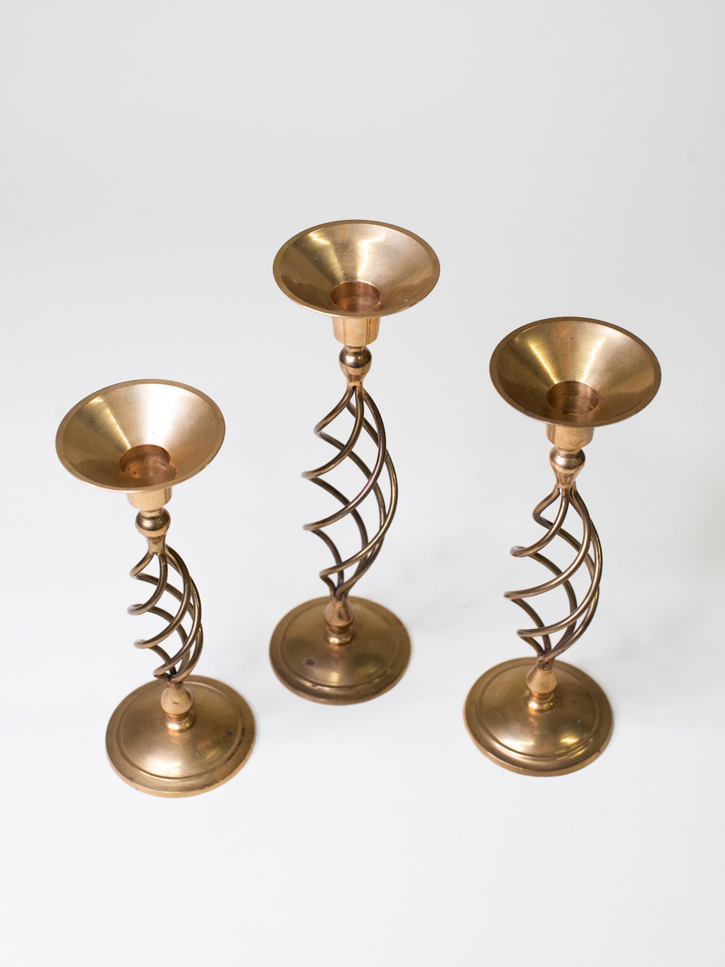 Handmade Mid-Century Brass Spiral Candleholders - Set of Three