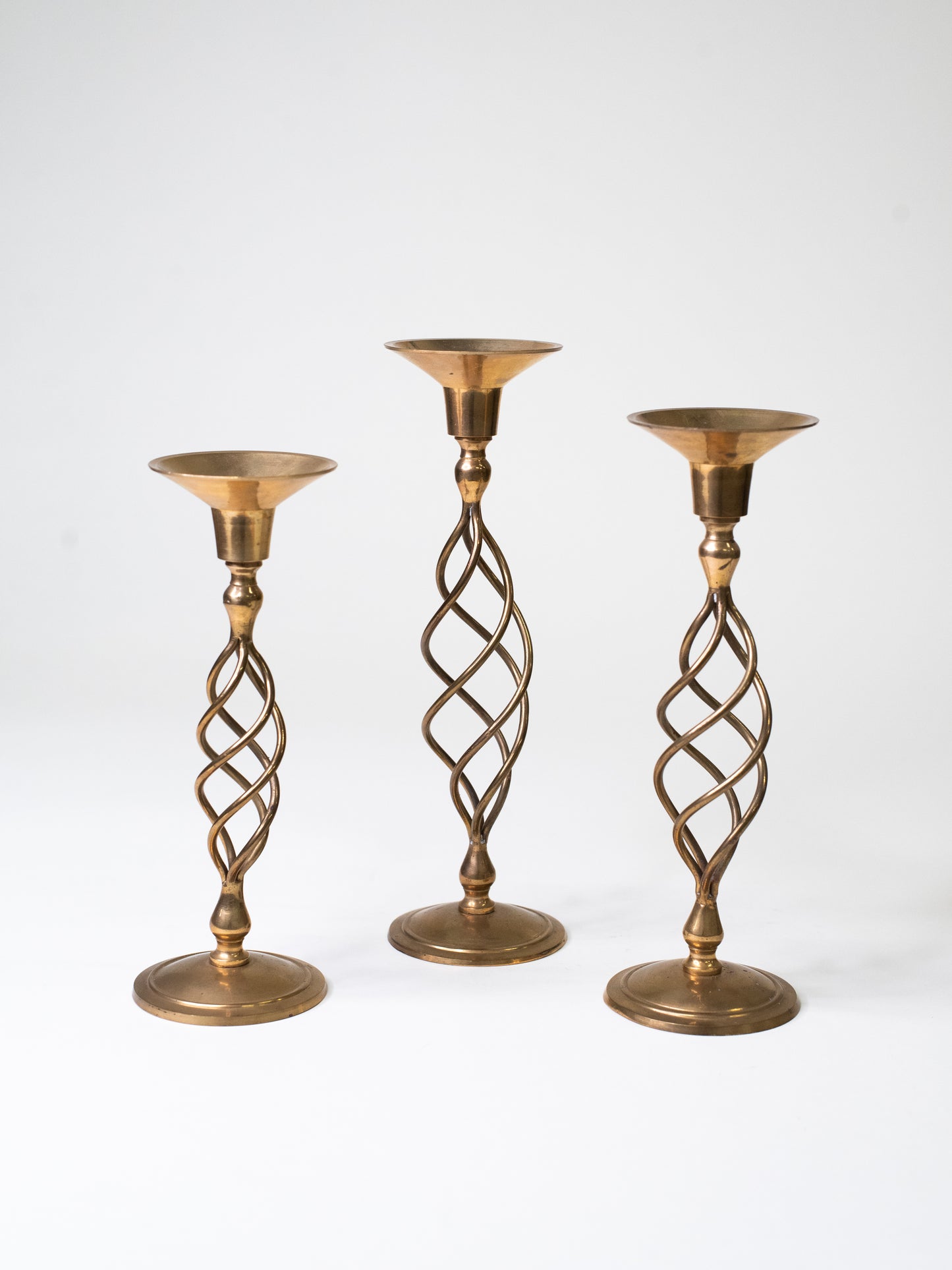 Handmade Mid-Century Brass Spiral Candleholders - Set of Three