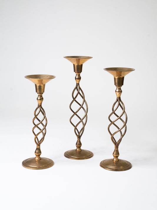 Handmade Mid-Century Brass Spiral Candleholders - Set of Three