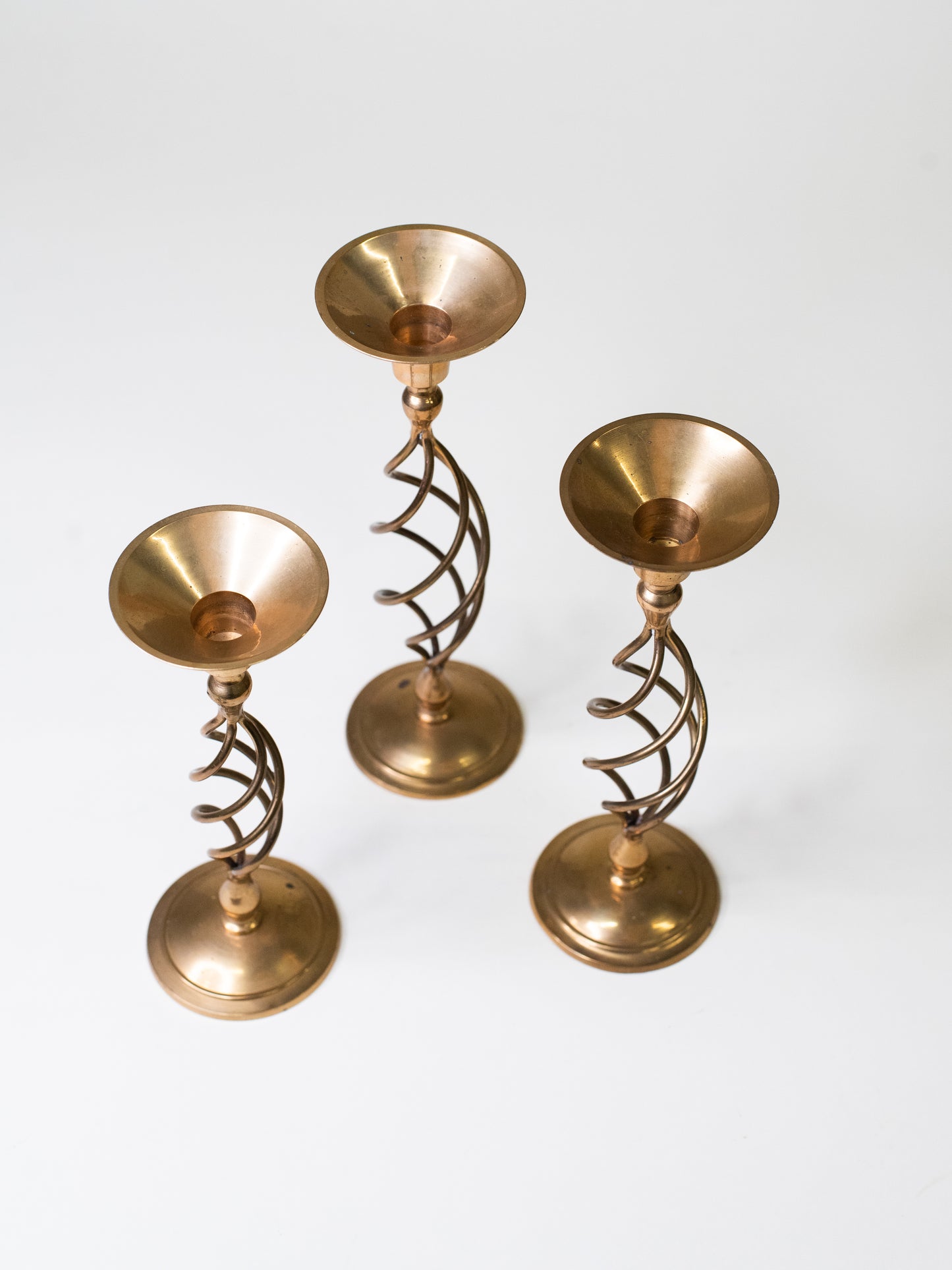 Handmade Mid-Century Brass Spiral Candleholders - Set of Three