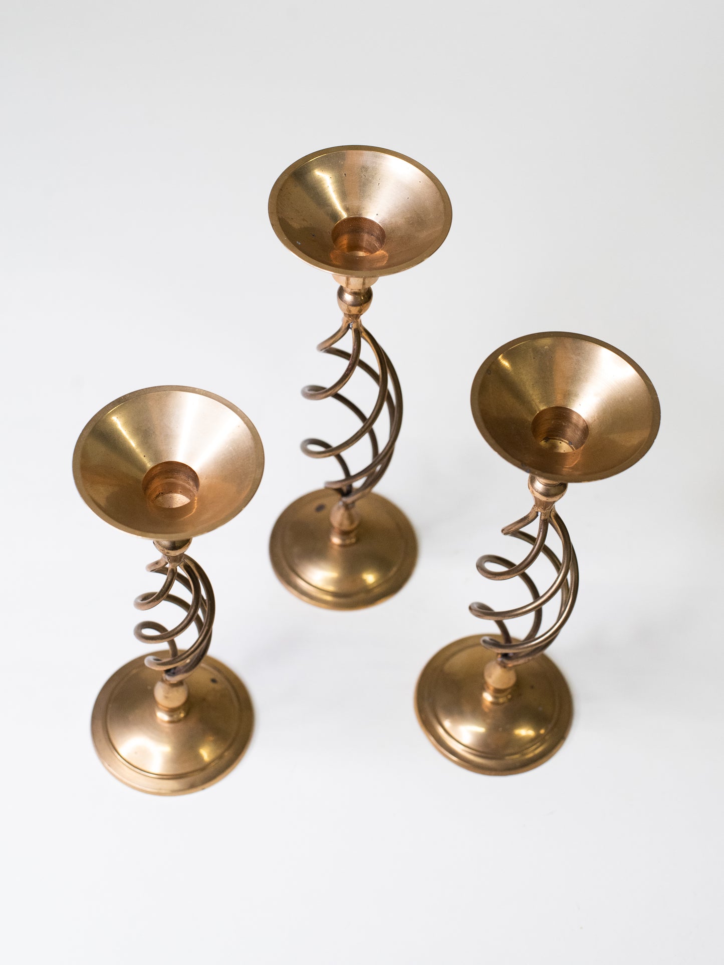 Handmade Mid-Century Brass Spiral Candleholders - Set of Three