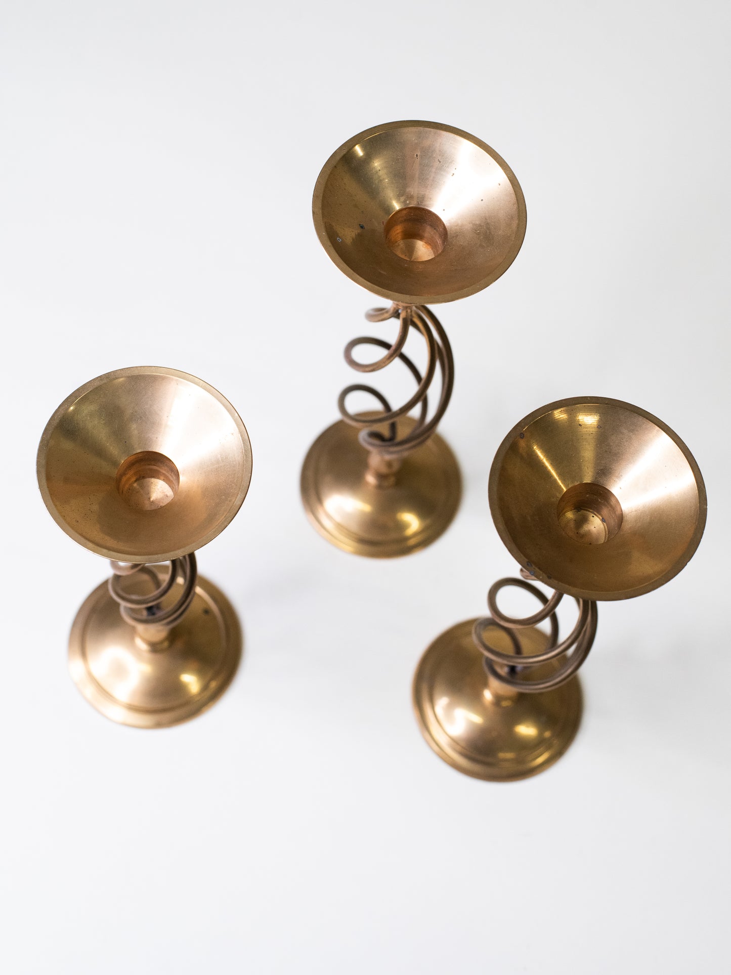 Handmade Mid-Century Brass Spiral Candleholders - Set of Three