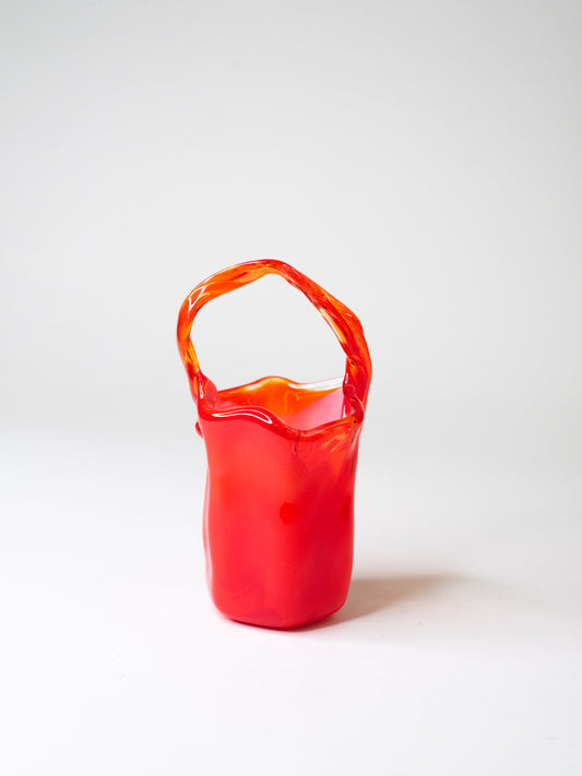 Handblown Cherry-Red Art Glass Basket - Italy, 1960s