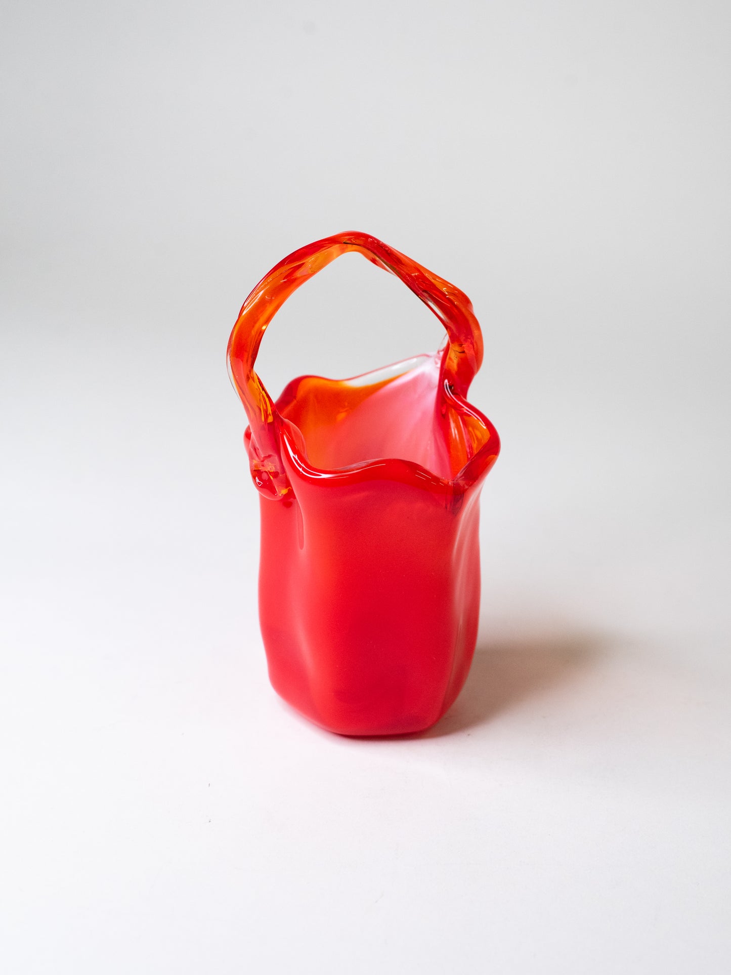 Handblown Cherry-Red Art Glass Basket - Italy, 1960s