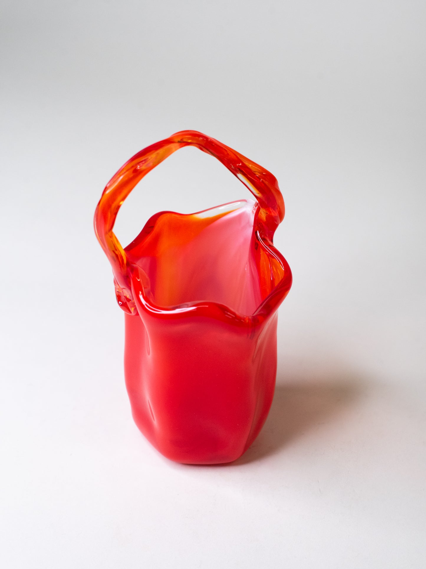 Handblown Cherry-Red Art Glass Basket - Italy, 1960s