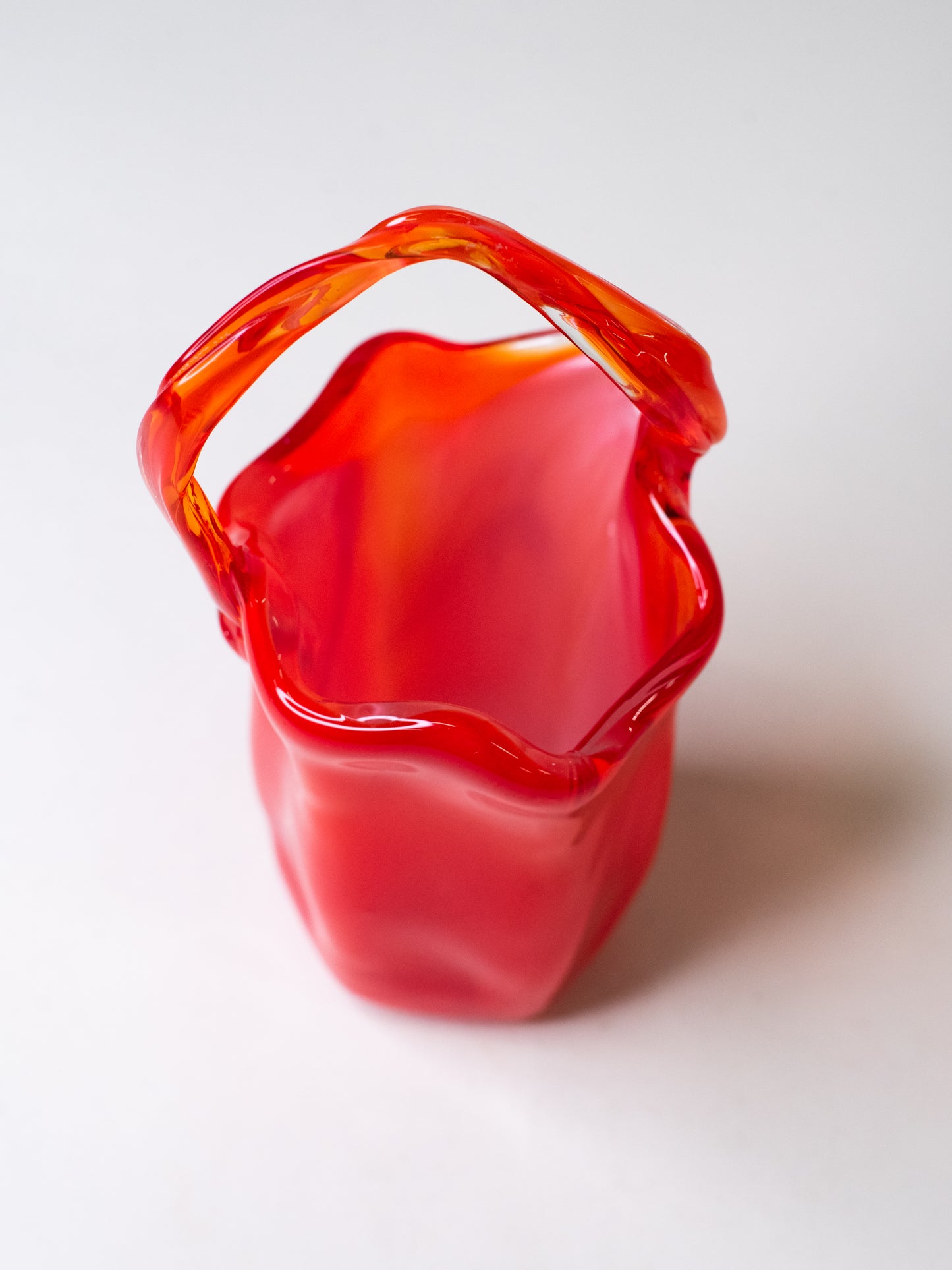 Handblown Cherry-Red Art Glass Basket - Italy, 1960s