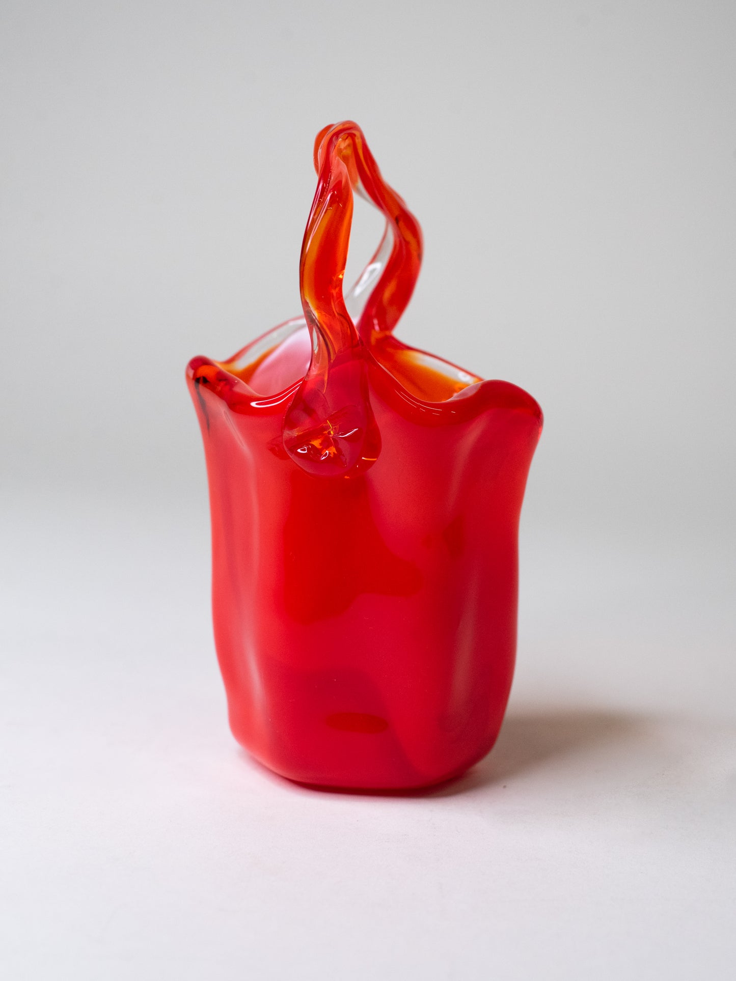 Handblown Cherry-Red Art Glass Basket - Italy, 1960s