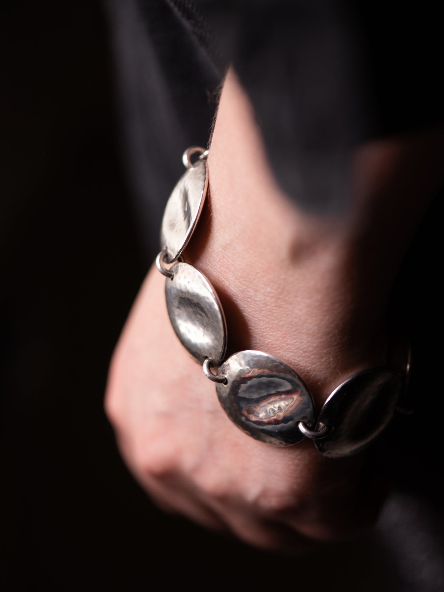 Hammered Disc Silver Bracelet - Sweden, Mid-Century
