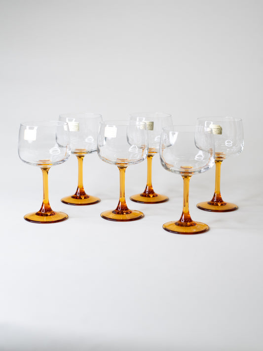Amber-Stemmed Wine Glasses by Luminarc, France 1960's - Set of 6