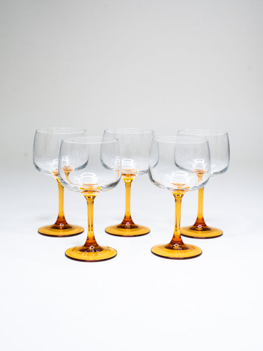 Amber-Stemmed Wine Glasses - France 1960's - Set of 5