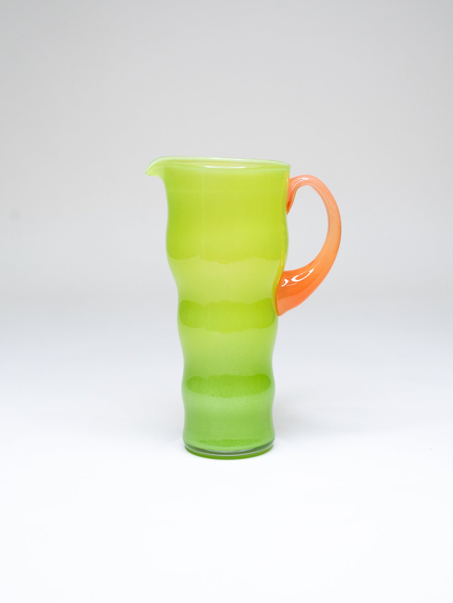 Wavy Lime Green Opaline Glass Pitcher with Orange Handle