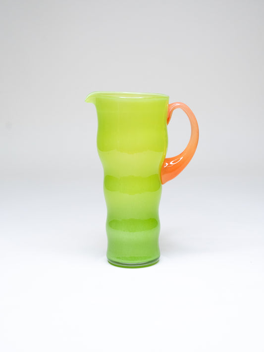 Wavy Lime Green Opaline Glass Pitcher with Orange Handle