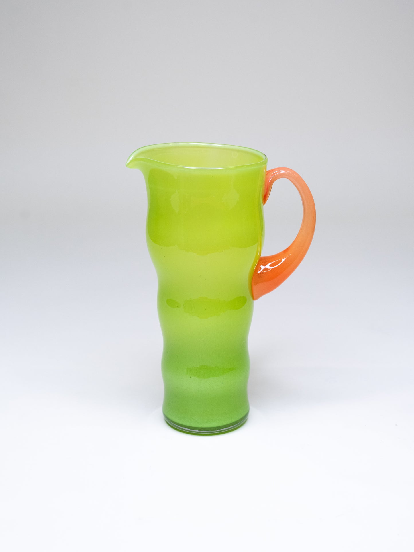 Wavy Lime Green Opaline Glass Pitcher with Orange Handle