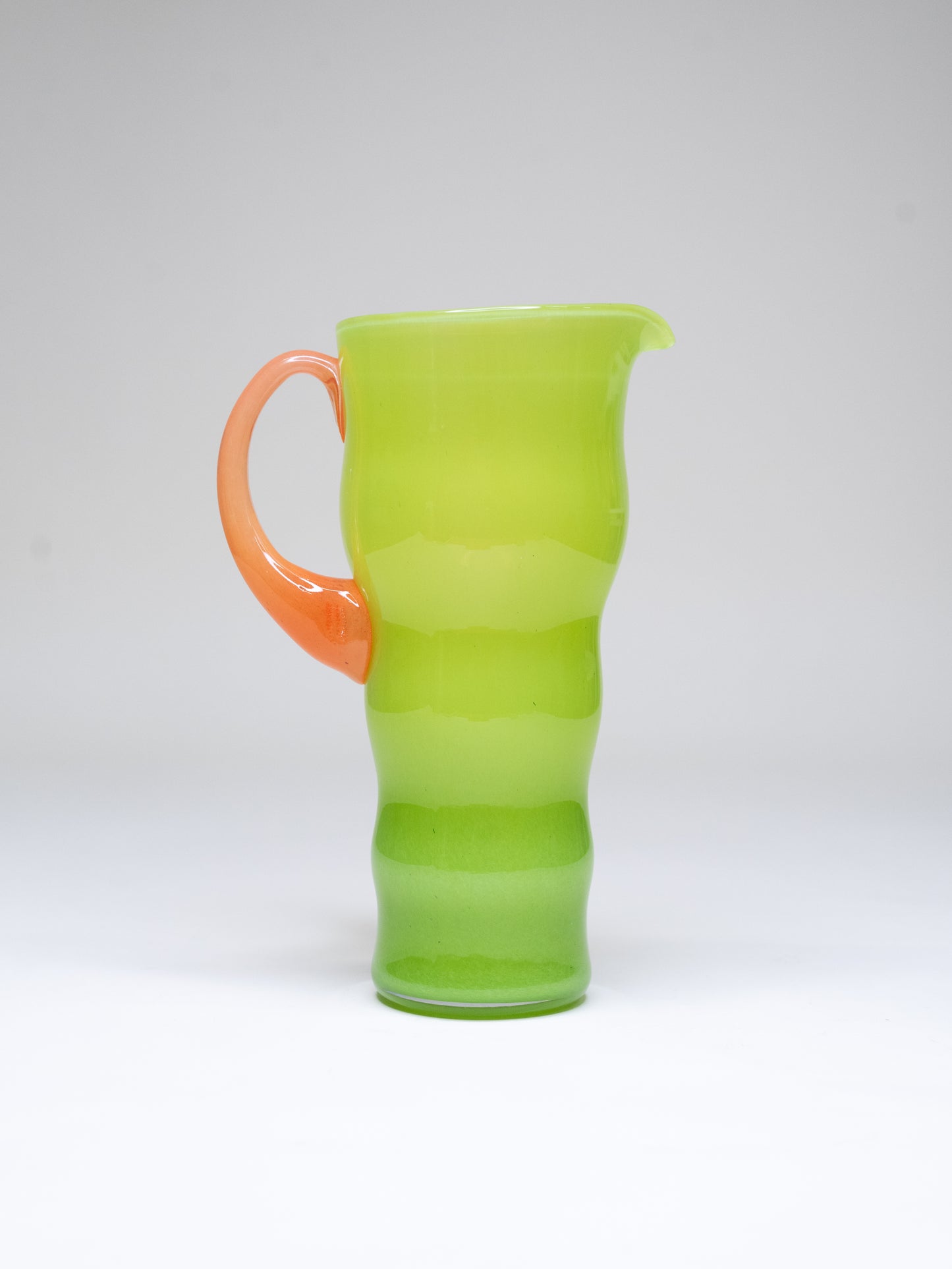 Wavy Lime Green Opaline Glass Pitcher with Orange Handle