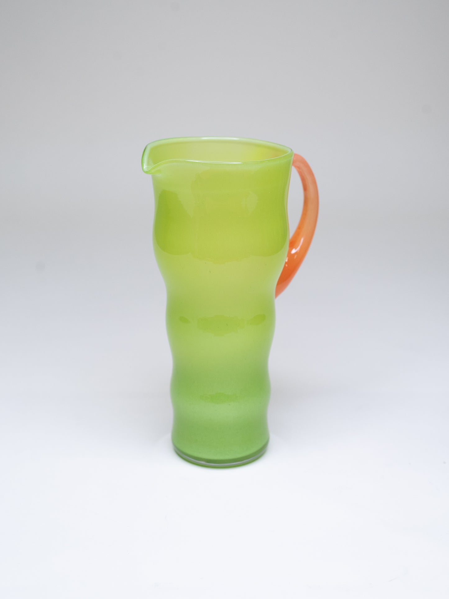 Wavy Lime Green Opaline Glass Pitcher with Orange Handle