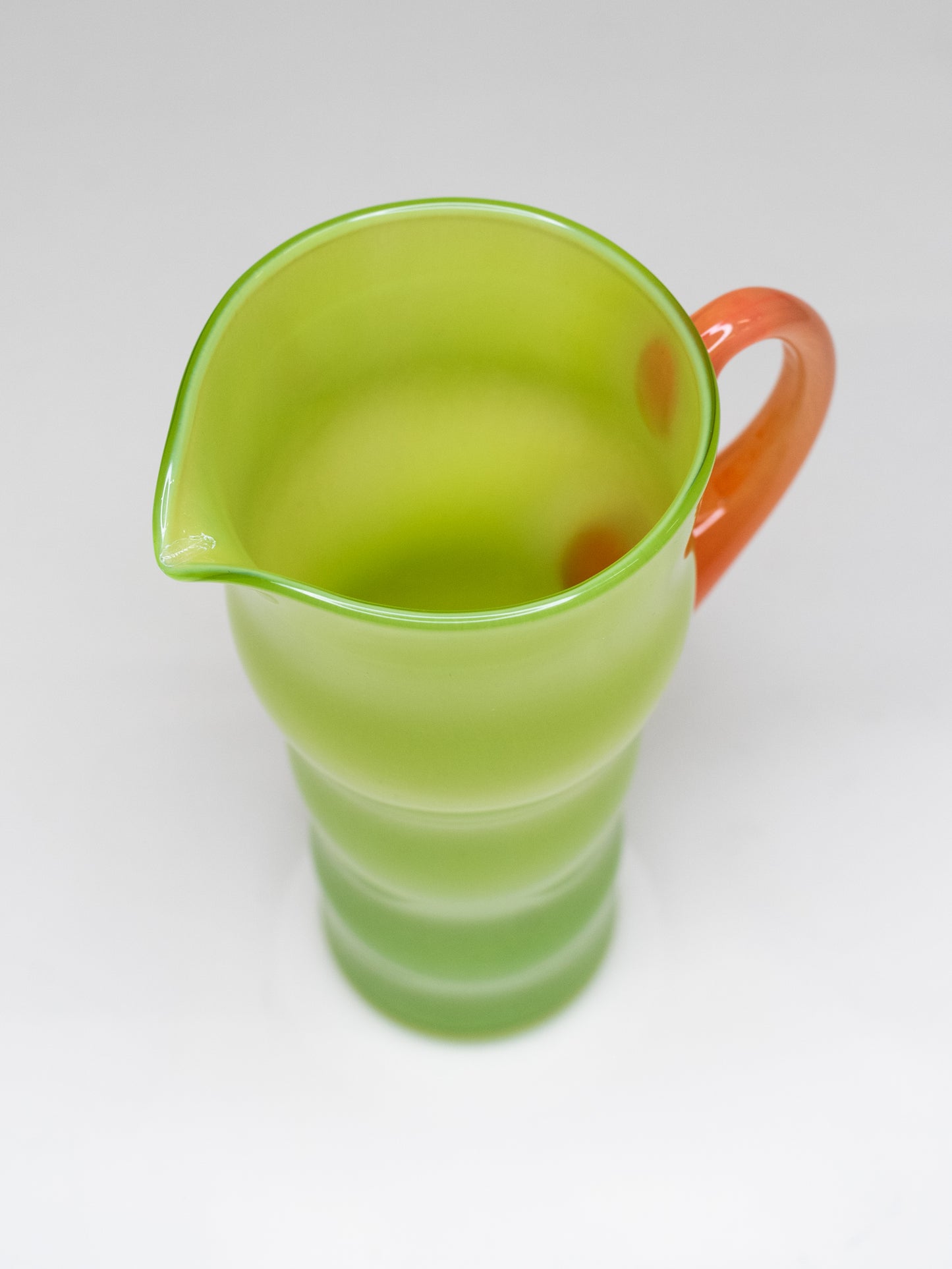 Wavy Lime Green Opaline Glass Pitcher with Orange Handle